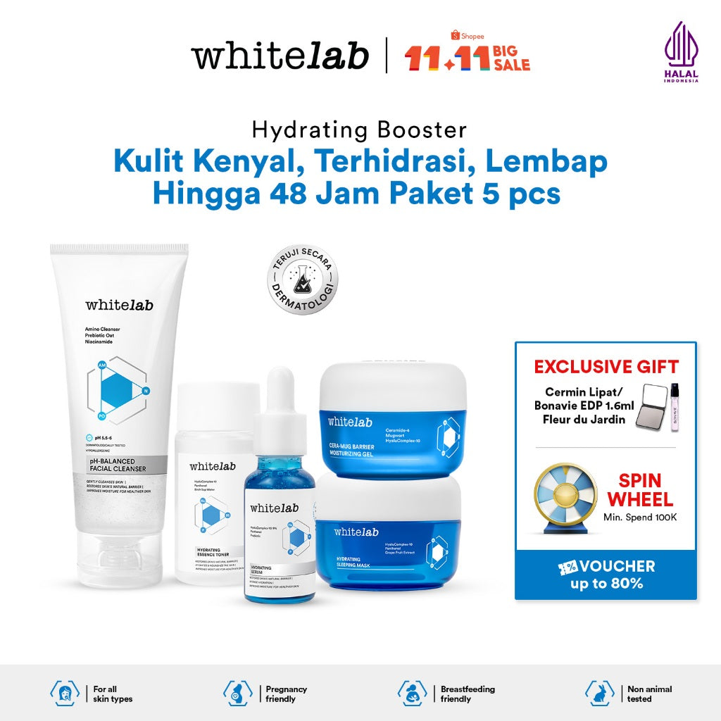 Whitelab Hydrating Series - Facial Cleanser, Essence Toner, Serum, Moisturizer, Sleeping Mask Paket Skincare