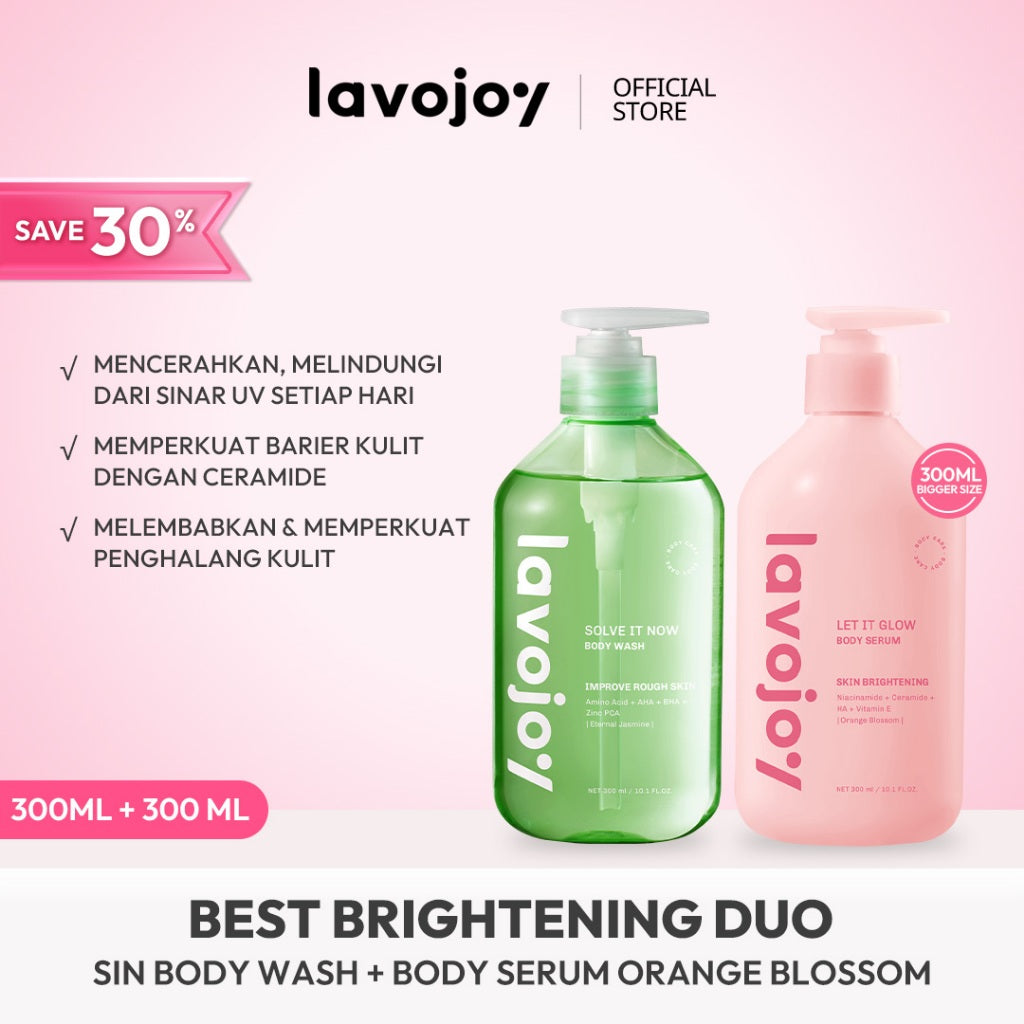 [ECONOMIC BUNDLE] Lavojoy 2in1 Brightening care | Body Serum 300ml + Body wash 300ml | Perawatan untuk Mencerahkan dan Melembabkan kulit dengan Niacinamide + Ceramide + Vitamin E