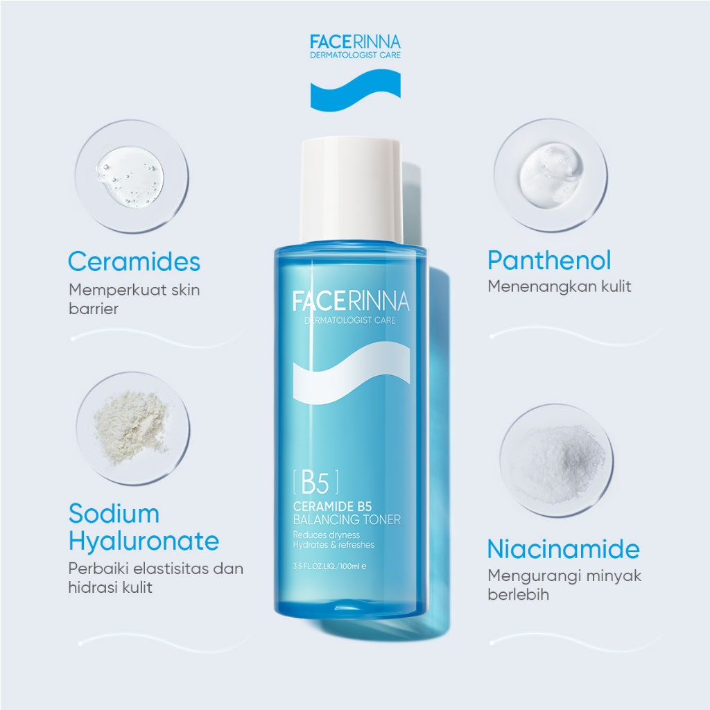 FACERINNA Ceramide B5 Balancing Toner 100 ml | Ceramide Soothing Calming Toner Hyaluronic acid Barrier Essence Toner Memperbaiki penghalang kulit Jaga kulit After-sun Hydrating Sensitive Barrier Care Skincare | Eksfoliasi Wajah Glycocid Acid Glycolic Acid