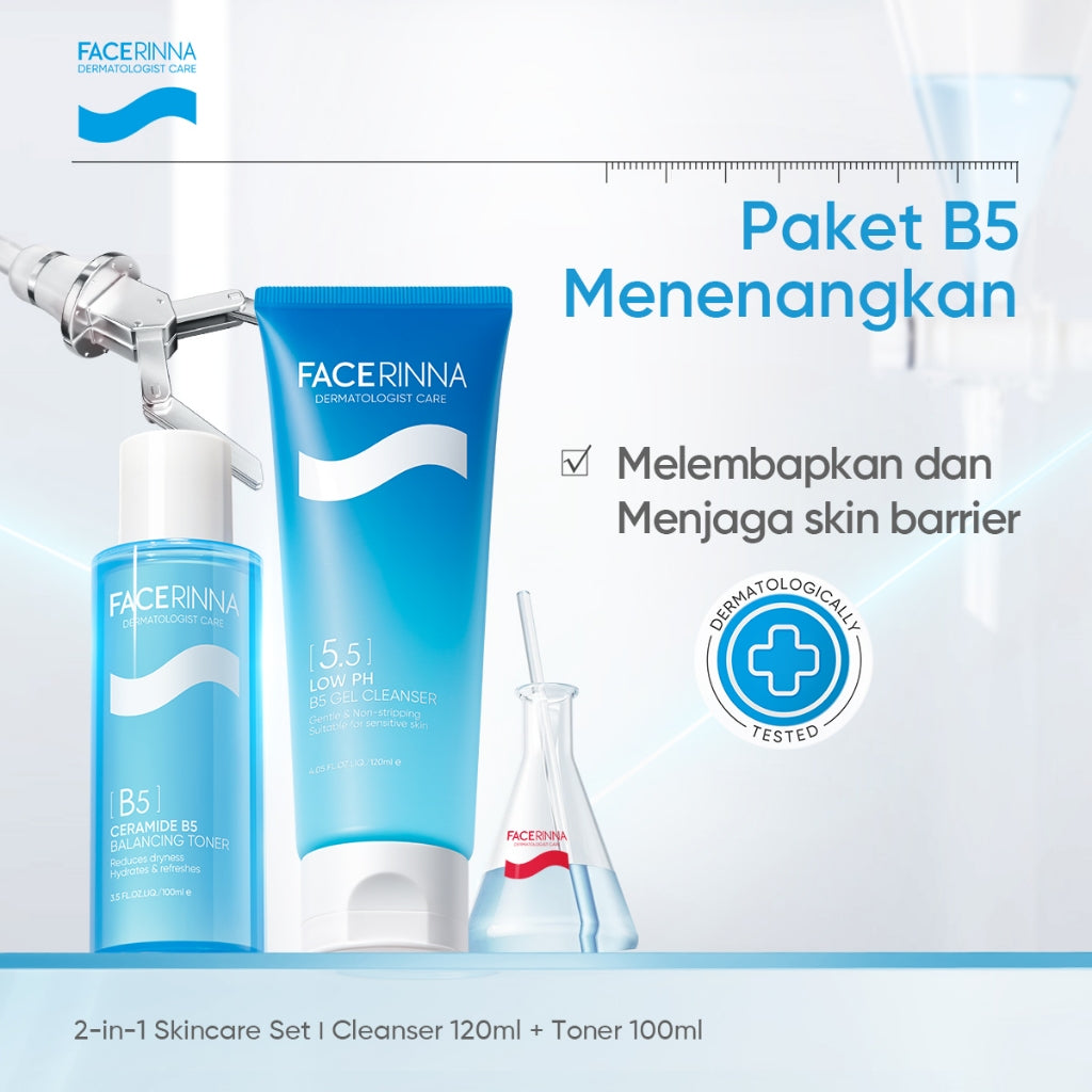 FACERINNA B5(Panthenol) Hydrating 3pcs/2pcs Skincare Paket | Moisturizer + Cleanser + Toner | Untuk Kulit Sensitif Menjaga Skin Barrier Low pH Gentle Facial Wash Sabun Cuci Soothing Calming Toner Menenangkan kulit kering Brightening Exfoliating Sabun Muka
