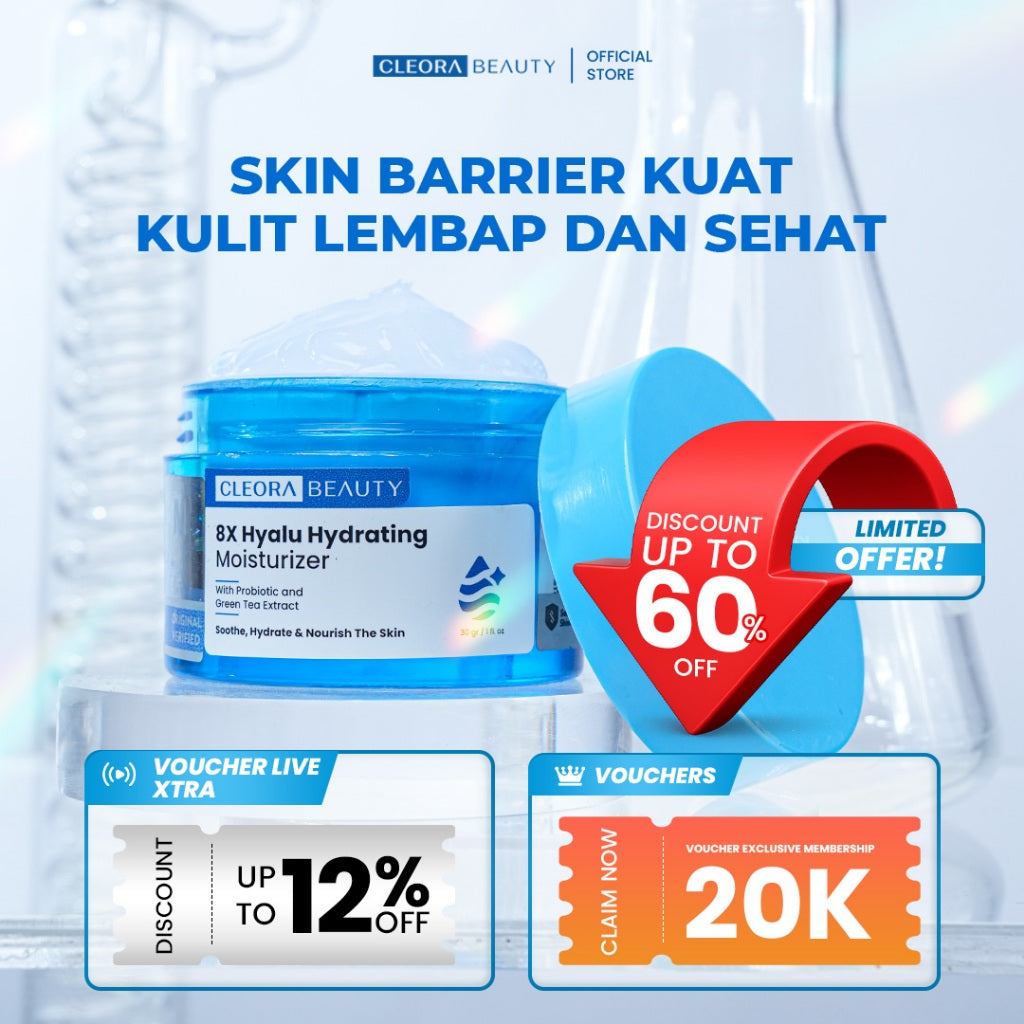 [HOT SALE] CLEORA 8x Hyalu Hydrating Moisturizer - Pelembab Muka Kering Dan Mengatasi Kusam Skincare Gel untuk Mencerahkan Menenangkan Dark Spot Whitening Mosturizer Skin Barrier Calming Brightening Scincare Wajah Acne Day Cream and Night Pria Wanita