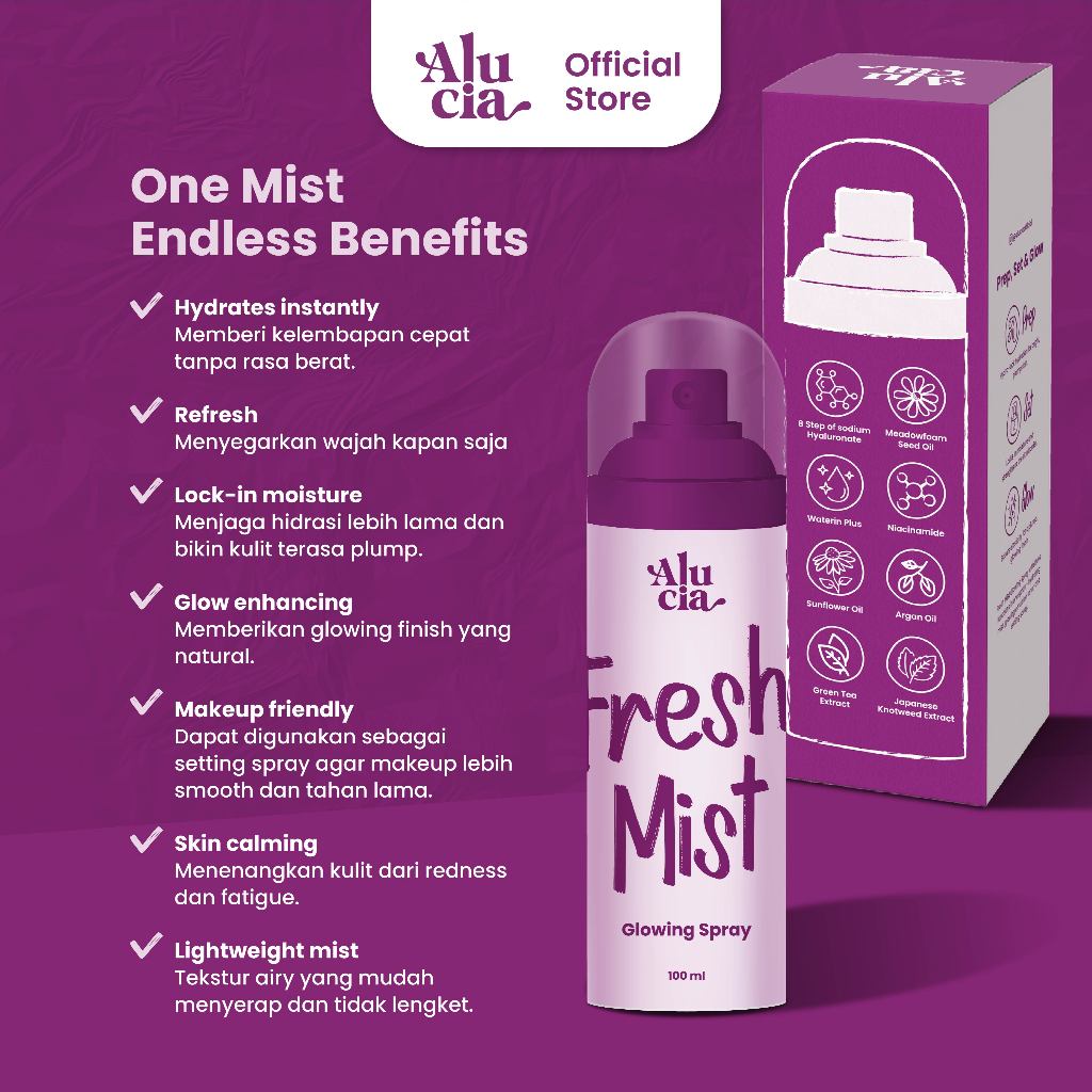 ALUCIA | Fresh Mist Glowing Spray with Essence Serum Face Spray Face Mist 100ml Hydrating Mist Toner Setting Spray with Three Functions in One Spray Facemist by Alucia