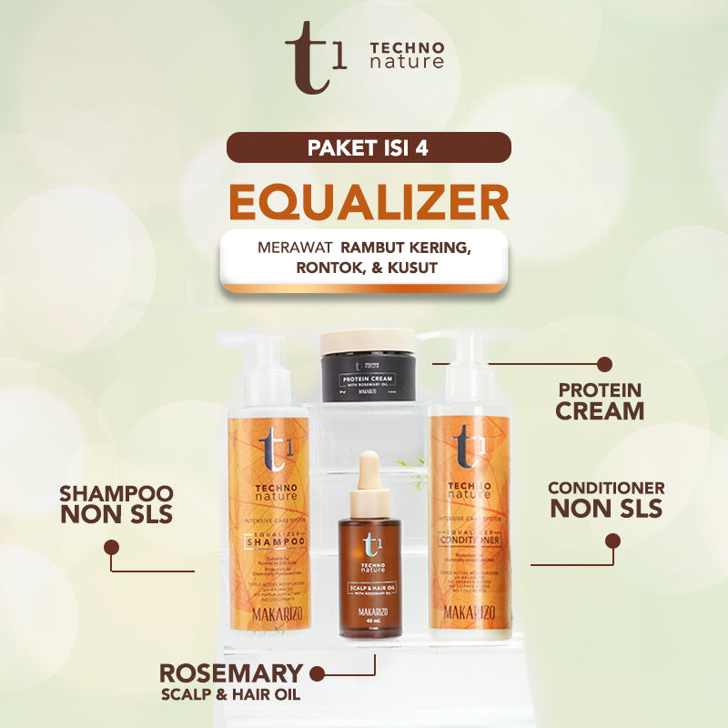 PAKET ISI 4 - Makarizo T1 Techno Nature Rosemary Scalp & Hair Oil 40mL + Equalizer Shampoo & Conditioner 180 mL + Protein Cream 50mL - Shampoo Conditioner Non SLS