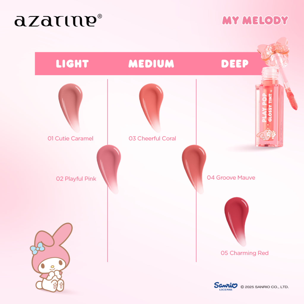 Azarine Gloss The Sun [2 PCS] Play Pop Glossy Tint Liptint Glossy Tahan Lama Extra Moisturizing Hyaluronic Acid Peptide Melembabkan Menutrisi Bibir Kering + Sunscreen Best Seller untuk Semua Jenis Kulit
