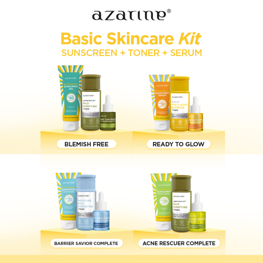 Azarine Basic Skincare Kit (Sunscreen + Toner + Serum) [3PCS] Paket TRIAL KIT KULIT KOMBINASI SENSITIF BERJERAWAT BERMINYAK KERING KUSAM KOMEDO