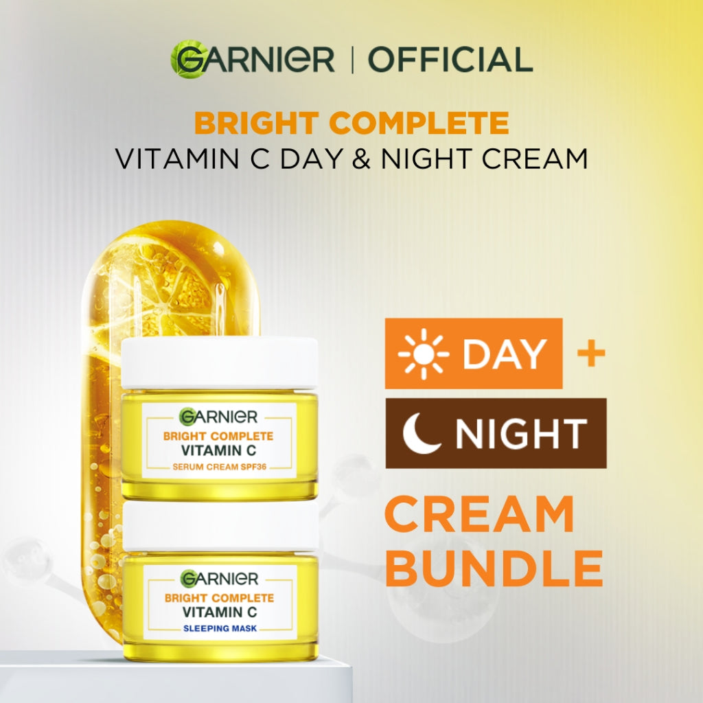 (PAKET HEMAT) Garnier Micellar x2 400ml + Bright Complete Kit - Serum 30 ml + Overnight Serum 30ml + Night Cream 50ml + Day Cream 50ml + Sunscreen