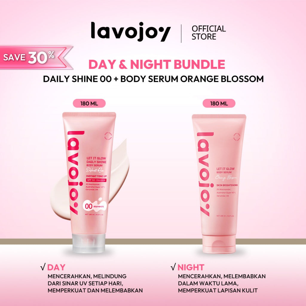 [BUNDLE DAY&NIGHT] Lavojoy Let It Glow Daily Shine Body Serum Instant Tone Up Delicate Rose with SPF 50 PA++++ & Body Serum Skin Brightening | Mencerahkan dan Melembabkan kulit |  Body Serum Siang dan Malam