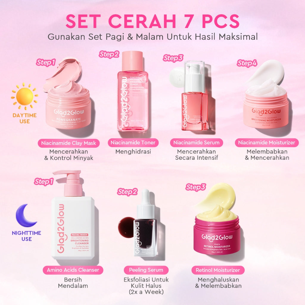 [Cocok Untuk Pemula] Glad2Glow Cerah Glowing Bundle all in 1 7in1-Brightening Moisturizer+Serum+Cleanser+toner+Peeling solution+Retinol 10%Niacinamide skincare paket pembersih perawatan kulit mencerahkan warna kulit pelembab wajah g2glow official store
