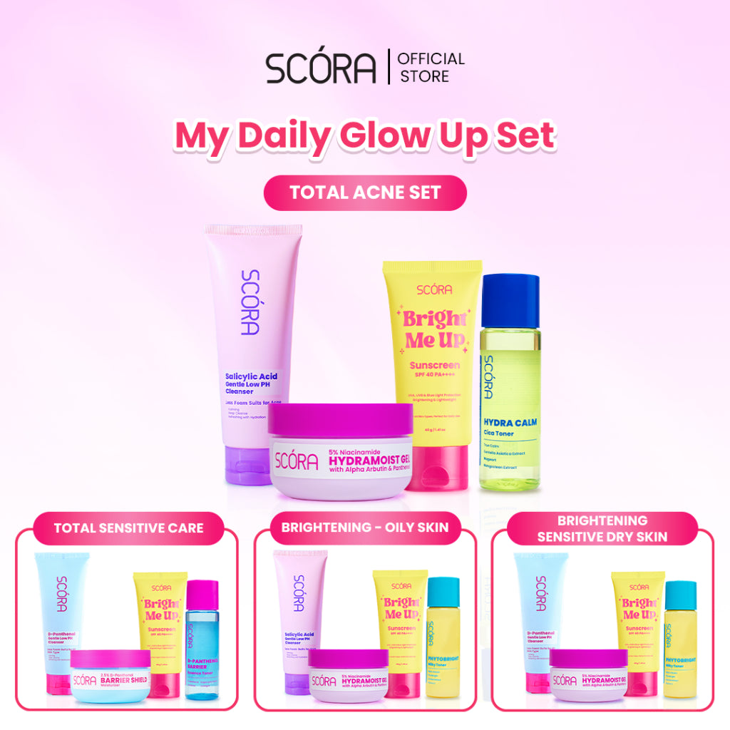 [My Daily Glow Up Set] Scora Bright Me Up Sunscreen 40 Gr + Scora Sheer Glow Tone Up Cream 30 ml + SCORA Moisturizer Gel + SCORA Gentle Low pH Cleanser 100 ML + SCORA Toner 80 ML