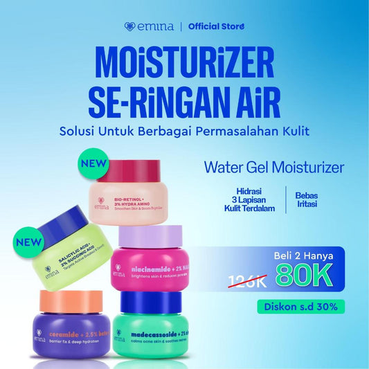 [SPECIAL 11.11] Emina Water Gel Moisturizer 30g | Mencerahkan & Mengurangi Flek Hitam | 48H Menjaga Kelembapan, Memperkuat Skin Barrier Mengurangi, Jerawat, dan Meredakan Kemerahan, Kulit Glowing, Mengandung Niacinamide, dan Vitamin C