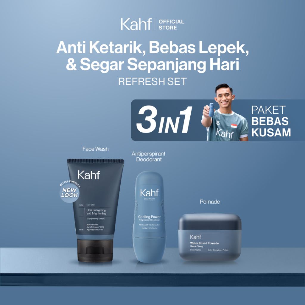 [KAHF BUNDLE 3IN1 PAKET BEBAS KUSAM : ANTI KETARIK, BEBAS LEPEK, & SEGAR SEPANJANG HARI] Paket Grooming (Pomade/Hair Powder + Face Wash + Deodorant) - Approved by Barber and Suitable for Daily Use