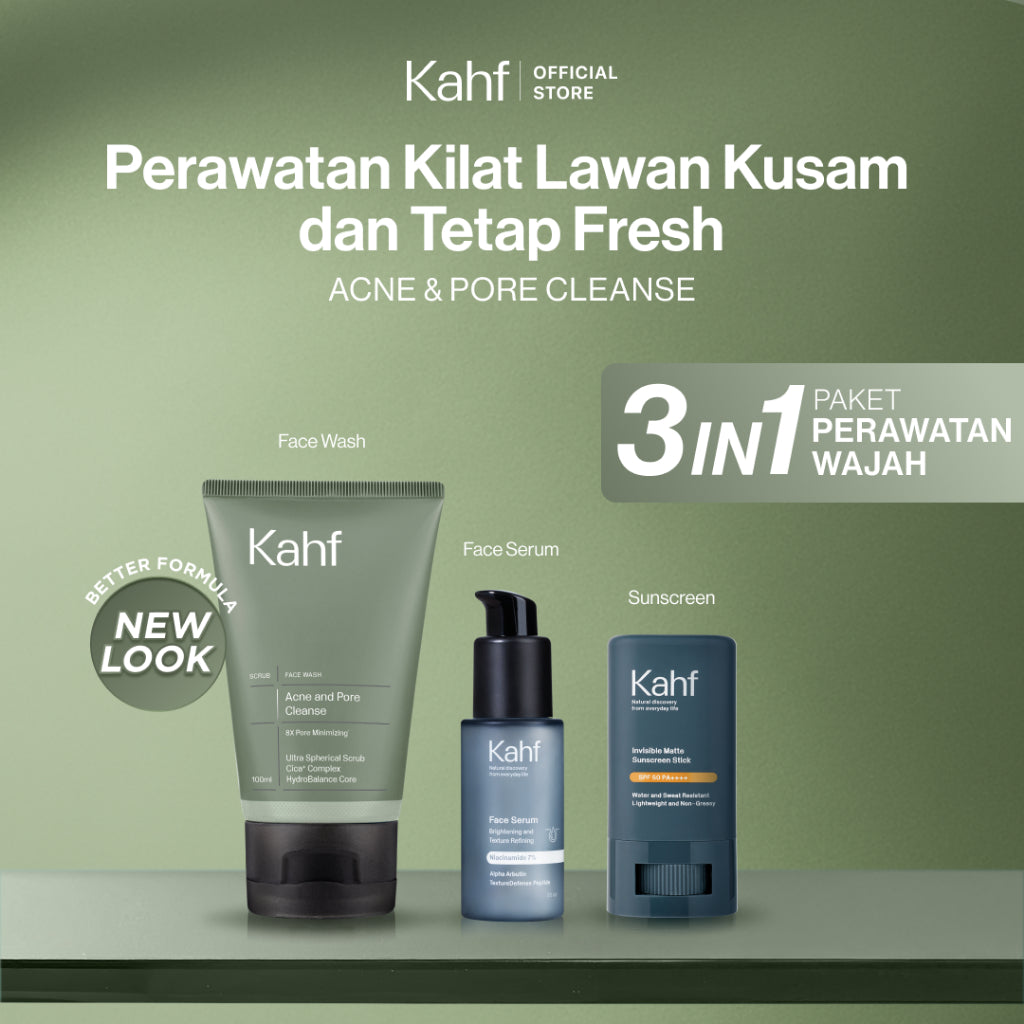 [KAHF BUNDLE 3IN1 PAKET PERAWATAN WAJAH : SKINCARE HEMAT WAKTU UNTUK COWOK YANG MAU BEBAS KUSAM] Paket Perawatan Kilat Lawan Kusam & Tetap Fresh (Face Wash + Serum + Sunscreen Stick) - Suitable for Daily Use