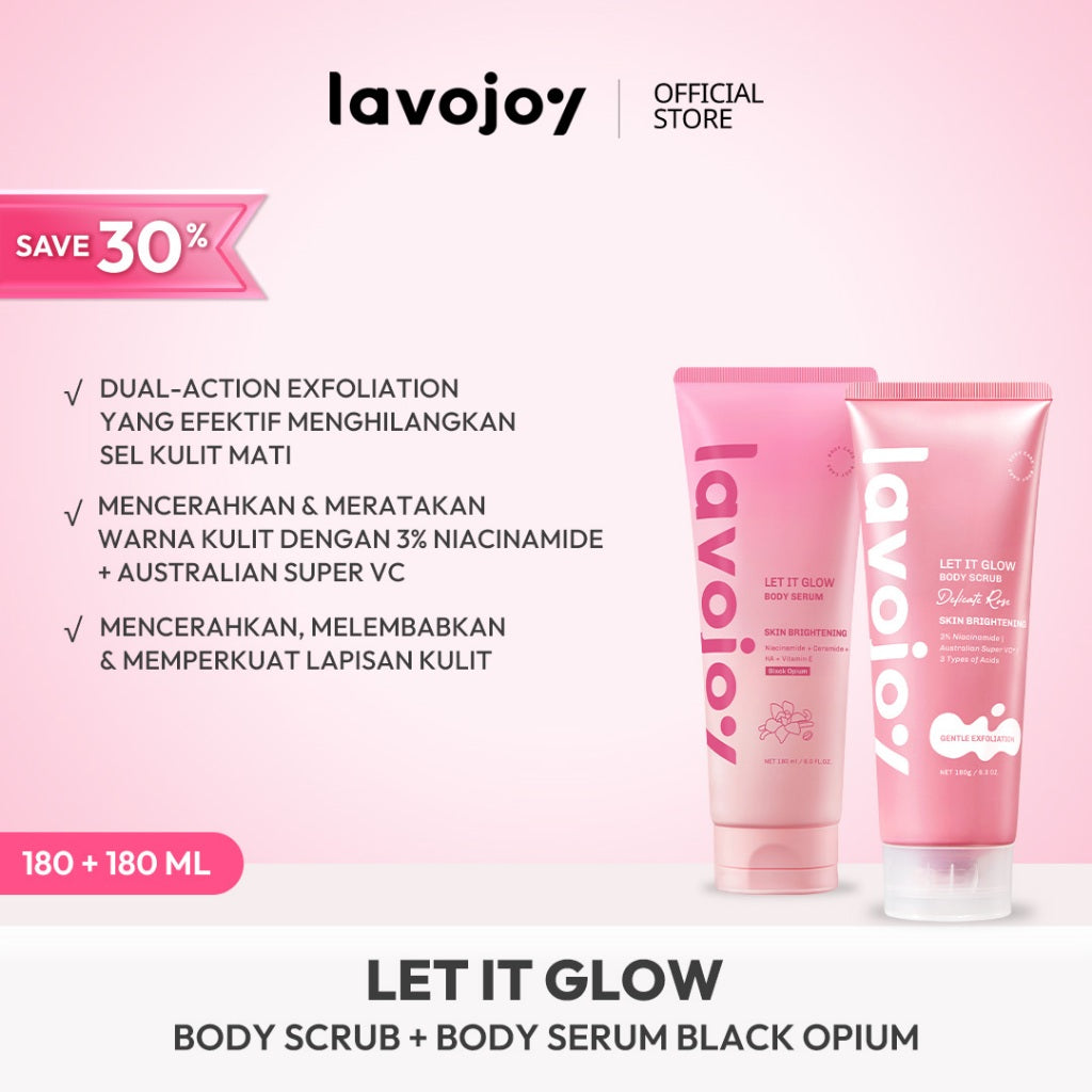 [NEW LAUNCH] Lavojoy Let It Glow Body Scrub DELICATE ROSE 180ML | Body Scrub Untuk Mencerahkan & Meratakan Warna Kulit Dengan 3% Niacinamide + Australian Super VC | Dual-Action Exfoliation Menghasilkan Kulit Yang Lebih Halus Dan Lembut