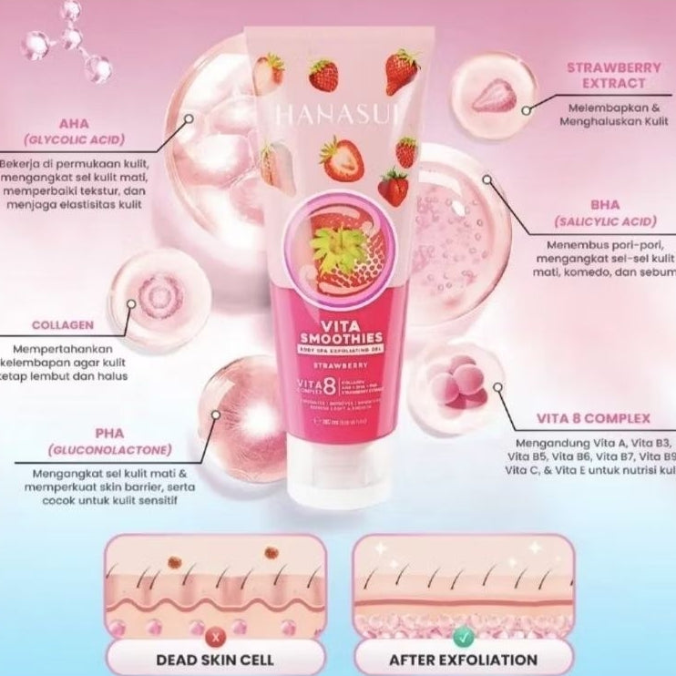 Hanasui Vita Smoothies Body Spa Gel Eksfoliasi Tubuh Strawberry 130 ml