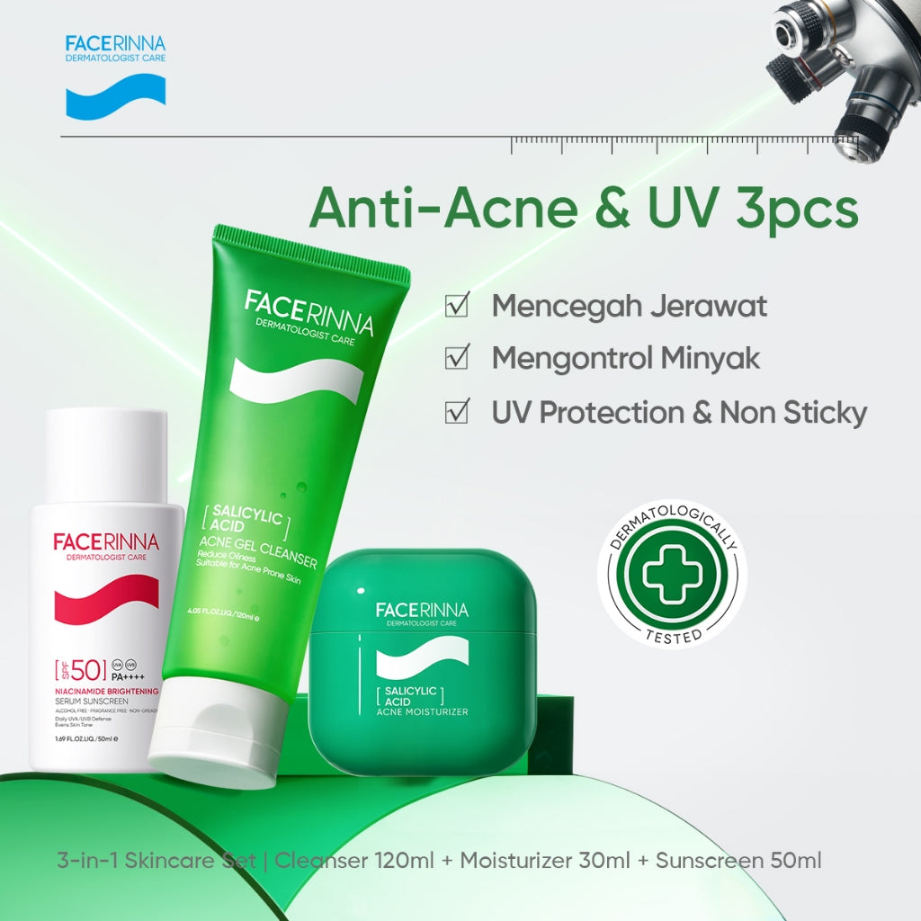 FACERINNA 3pcs Skincare Set | Moisturizer + Cleanser + Sunscreen | Low pH Gentle Panthenol Facial Wash B5 Repair Niacinamide Brightening Salicylic Acid Acne Control Menjaga Skin Barrier Menenangkan kulit kering Hydrating Brightening Exfoliating Sabun Muka