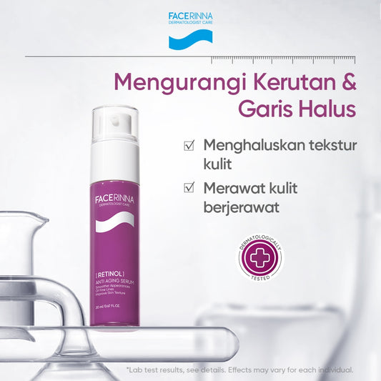 FACERINNA Retinol Anti Aging Serum 20ml | Skin Renewal Gentle Serum Retinoid Anti-Aging | Menghaluskan Tekstur Kulit Menyamarkan Garis Halus & Kerutan Meratakan Warna Kulit Merawat jerawat Mengurangi Kemerahan Merawat Kulit Berjerawat with Pure Retinol
