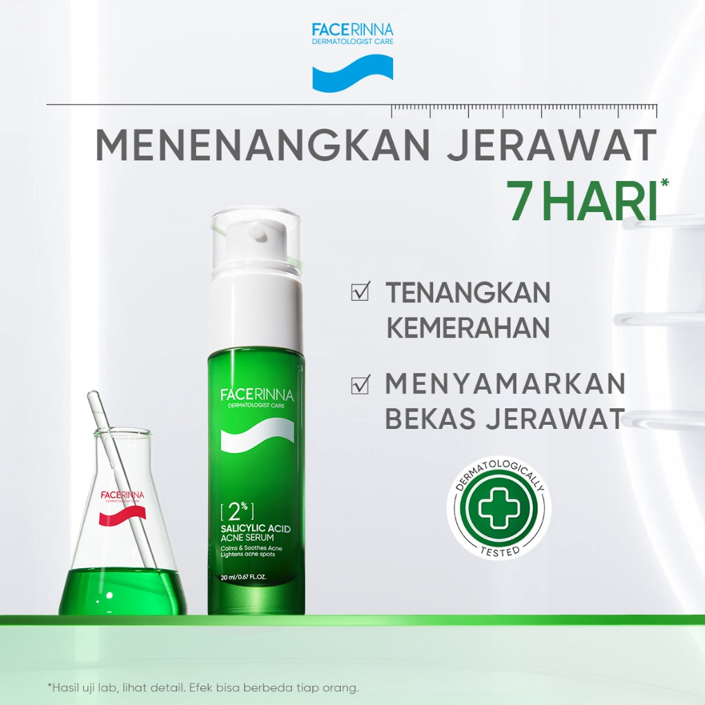 FACERINNA 2% Salicylic Acid + 2% Niacinamide Acne Serum 20ml |  Serum Jerawat Acne Treatment Menghilangkan Bekas Jerawat Kulit Beruntusan Mencegah Jerawat Datang Lagi Calms Acnes&Redness Prevents Breakout | Anti-Acne Exfoliating Brightening Pemutih Wajah
