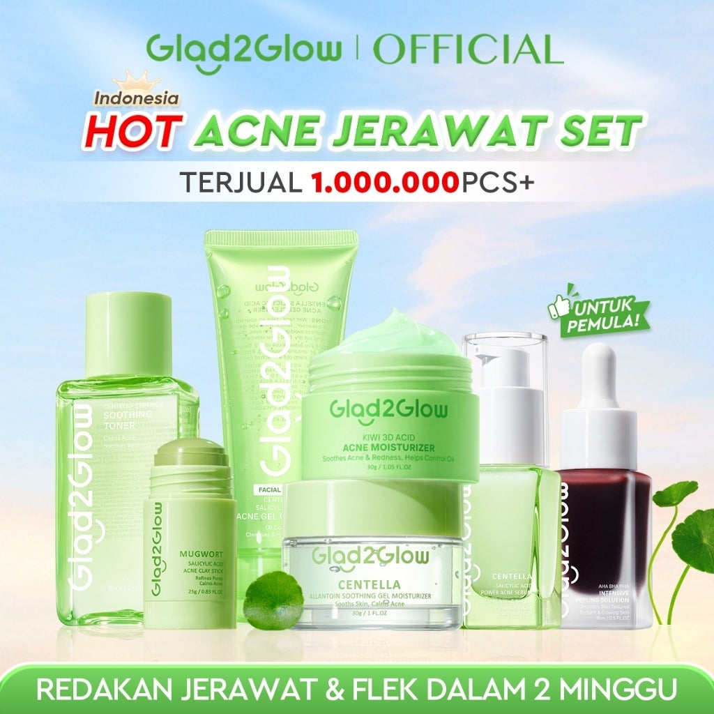 [ORDER NOW, HEMAT 50K]Glad2Glow Acne Jerawat Bundle 7in1 paket Centella madeca cream-Moisturizer+Serum+Cleanser+Toner+Clay Stick+Gel Skincare  Mask Menghilangkan Menenangkan kemerahan pada kulit Atur Minyak BerlebihMerawat Kulit g2glow official store