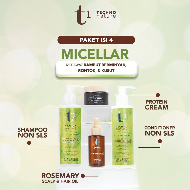 PAKET ISI 4 - Makarizo T1 Techno Nature Rosemary Scalp & Hair Oil 40mL + Micellar Shampoo & Conditioner 180 mL + Protein Cream 50mL - Shampoo Conditioner Non SLS