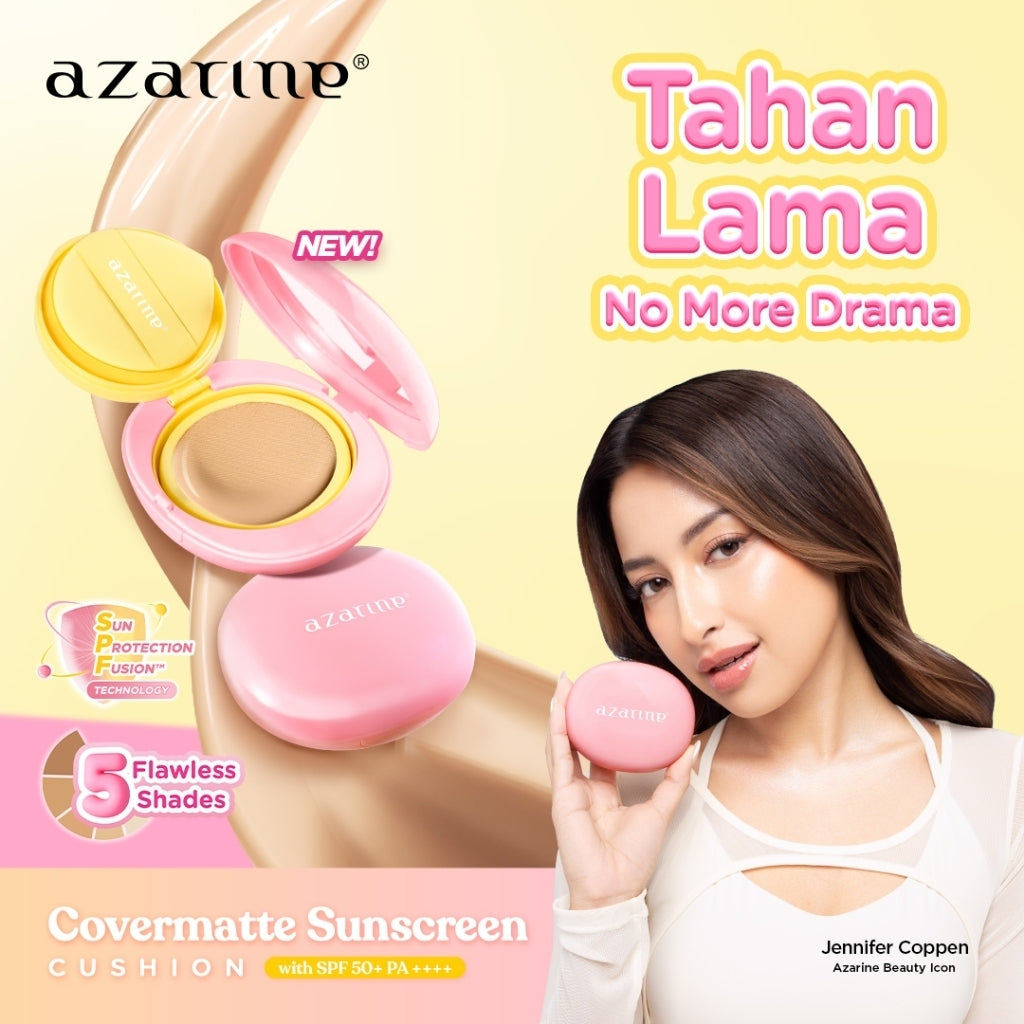 Azarine Flirt The Sun [2 PCS] High Up! Lashting Mascara Dual Finish Efek Lash Lift untuk Bulu Mata Lebih Tebal +  Sunscreen Cushion SPF50+ PA++++ Cushion Tahan Lama Flawless Matte Finish