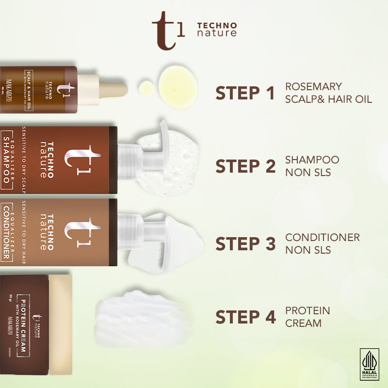 PAKET ISI 4 - Makarizo T1 Techno Nature Rosemary Scalp & Hair Oil 40mL + Equalizer Shampoo & Conditioner 180 mL + Protein Cream 50mL - Shampoo Conditioner Non SLS