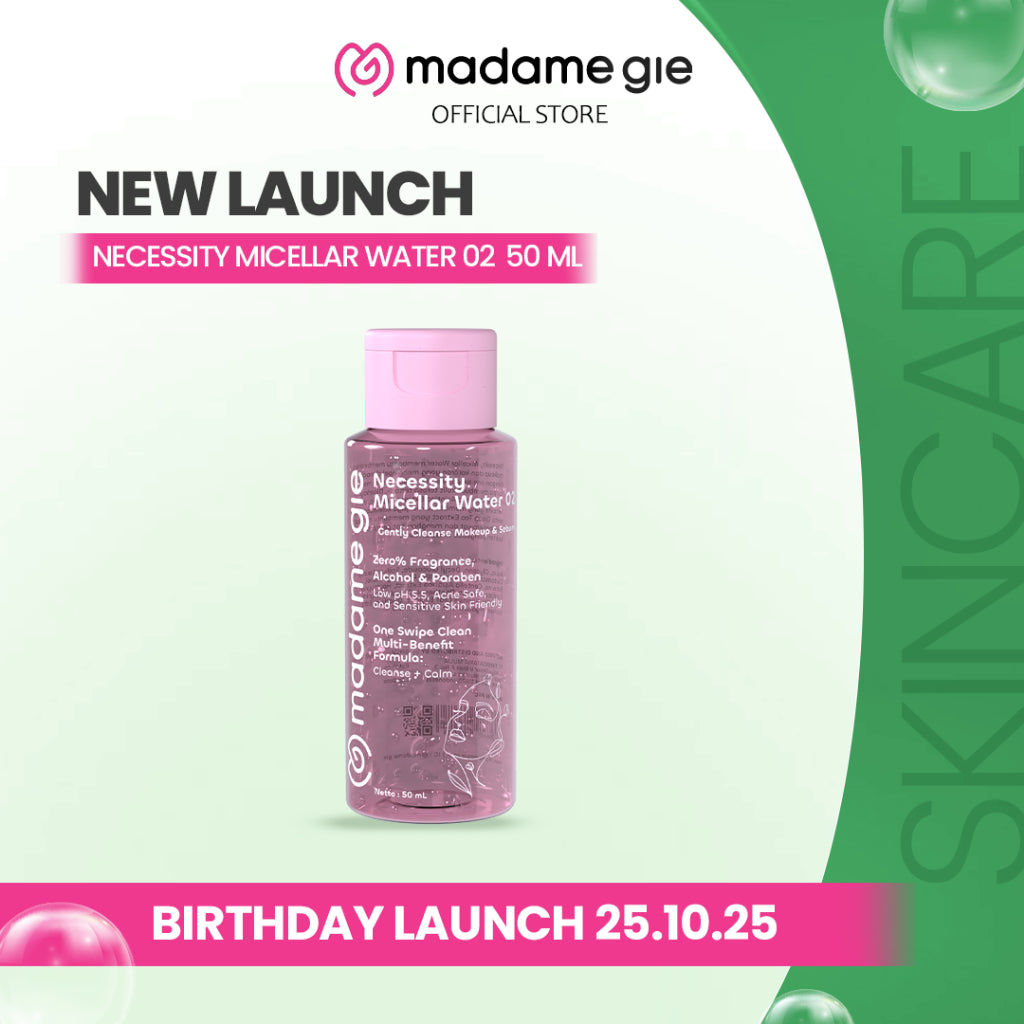 [NEW LAUNCH] Madame Gie Necessity Micellar Water 02 50ML- Makeup Remover Cleanse & Calm | Low pH 5,5 | Pembersih Wajah untuk Kulit Berminyak, Berjerawat & Tanpa Tertarik | Acne Safe and Sensitive Skin Friendly | Tanpa Alkohol & Parfum