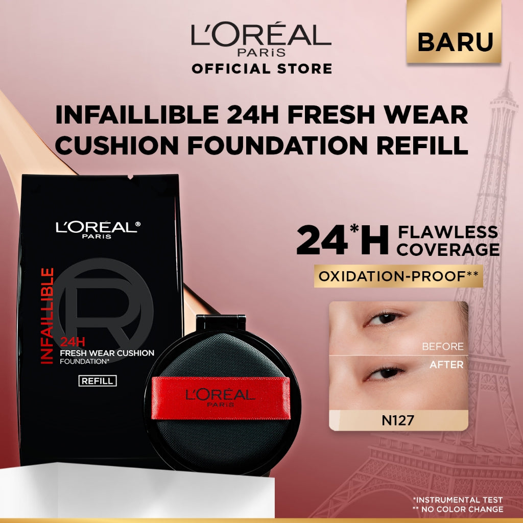 [BARU!] L'Oreal Paris Infaillible Cushion Foundation 24H - flawless coverage,  Cushion dengan hasil yang nyaman tersedia dalam 10 shades cocok untuk kulit indonesia.