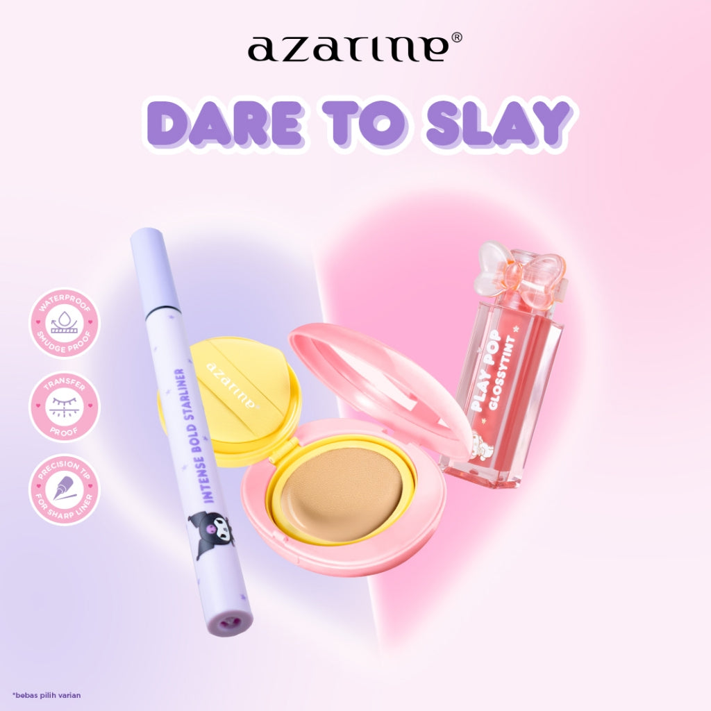 Azarine Dare To Slay [3 PCS] Intense Bold Starliner Longlasting Waterproof + Play Pop Glossy Tint Liptint Glossy Tahan Lama Extra Moisturizing + Sunscreen Cushion SPF50+ PA++++ Cushion Flawless Matte Finish