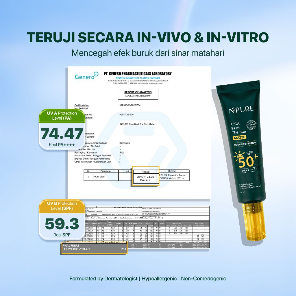 SUNSCREEN MATTE - NPURE Sunscreen Cica Beat The Sun Matte SPF 50+ PA++++/ REAL SPF / NO WHITECAST / Sunscreen Jerawat