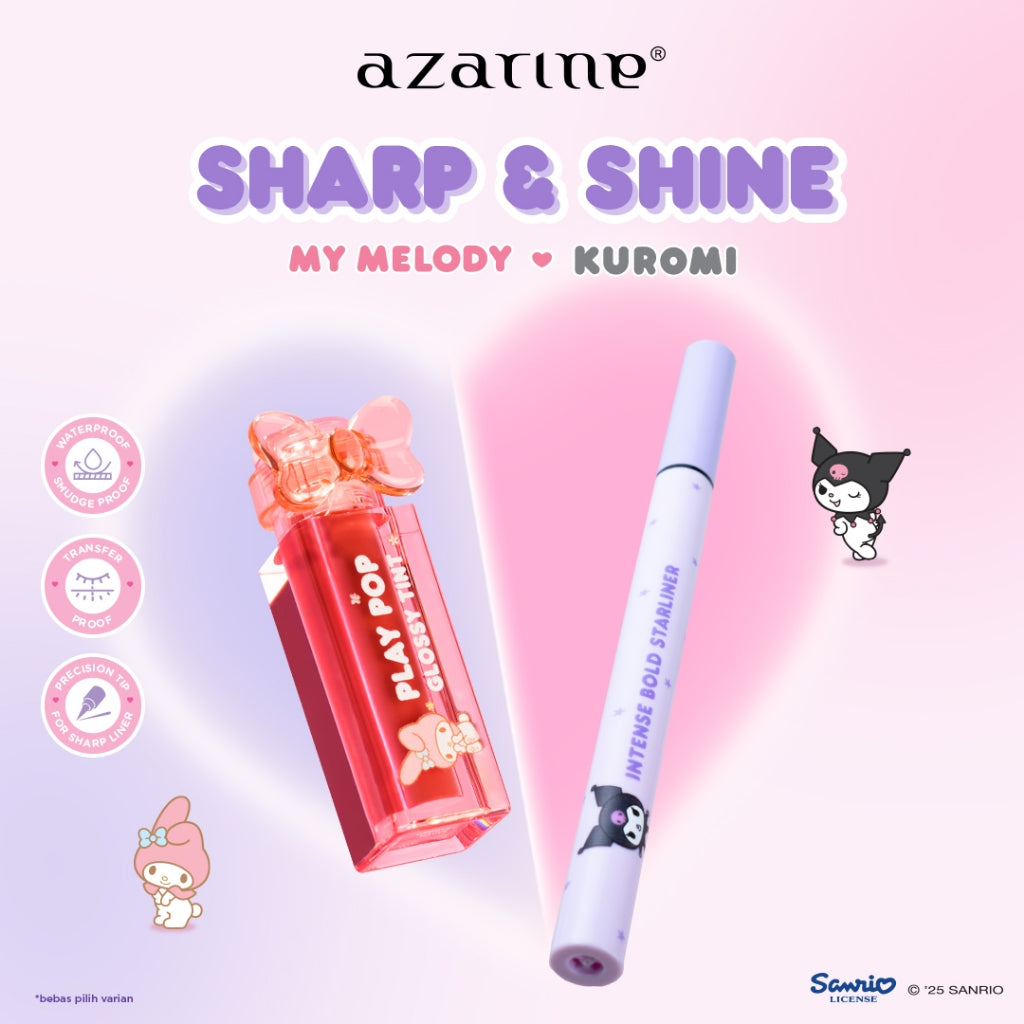 Azarine Sharp & Shine [2 PCS] Intense Bold Starliner Eyeliner Hitam Longlasting Waterproof Anti Luntur/High Up! Lashting Mascara + Play Pop Glossy Tint Liptint Glossy Tahan Lama Extra Moisturizing Hyaluronic Acid Peptide Melembabkan Menutrisi Bibir Kering