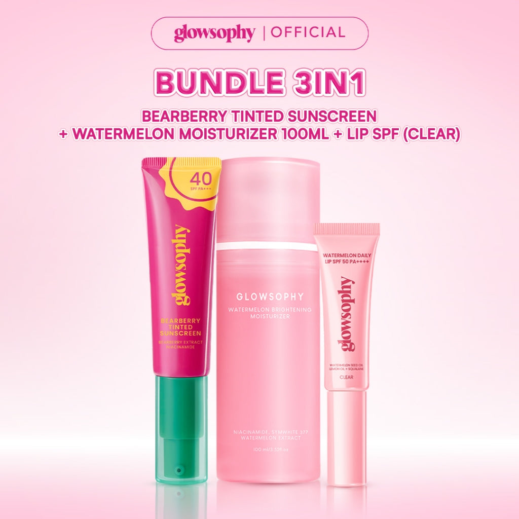 Glowshopy Bundle 3in1 Glow Ready Kit Lip SPF + Moisturizer 100ml + Sunscreen - Melindungi dari sinar UVB dan UVA, Menjaga bibir tetap lembap, lembut, dan sehat, Kilau natural untuk bibir lembut dan tampak sehat sepanjang hari