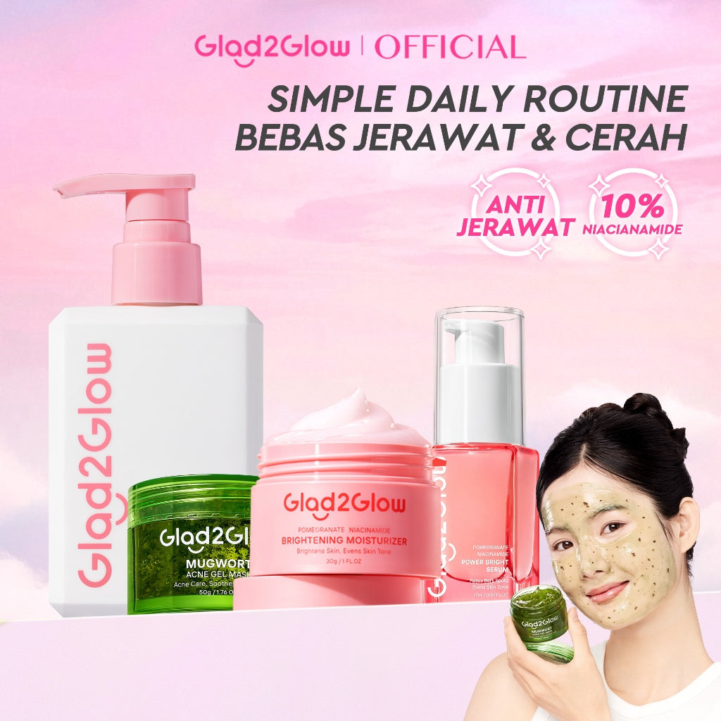 [Cocok Untuk Pemula] Glad2Glow Acne&Cerah Set Glowing  Bundle 4in1-Brightening Moisturizer+Cleanser+Mugwort acne gel mask+10%Niacinamide skincare paket pembersih perawatan kulit mencerahkan warna kulit pelembab wajah all in 1g2glow official store