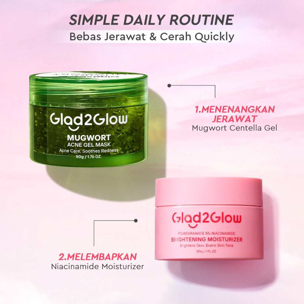 [Cocok Untuk Pemula] Glad2Glow Acne&Cerah Set Glowing  Bundle 4in1-Brightening Moisturizer+Cleanser+Mugwort acne gel mask+10%Niacinamide skincare paket pembersih perawatan kulit mencerahkan warna kulit pelembab wajah all in 1g2glow official store