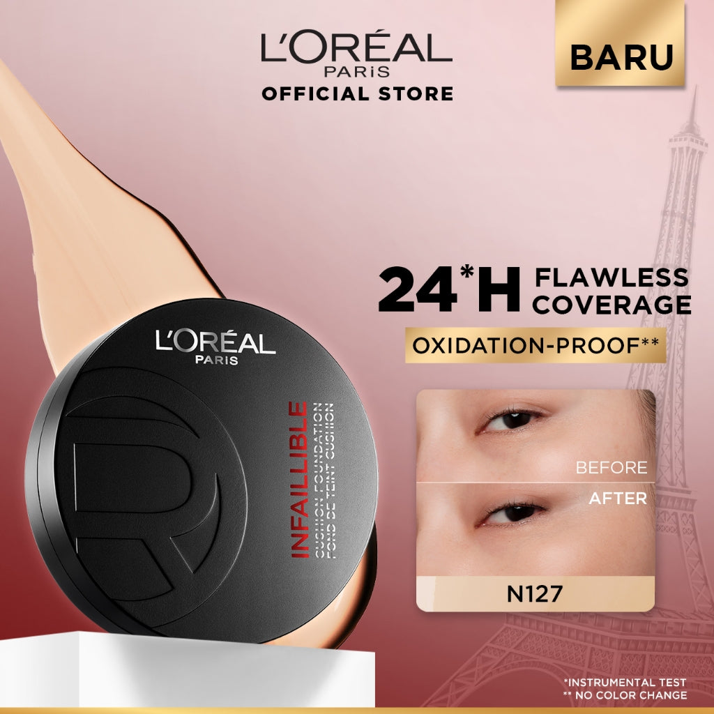 [BARU!] L'Oreal Paris Infaillible Cushion Foundation 24H - flawless coverage,  Cushion dengan hasil yang nyaman tersedia dalam 10 shades cocok untuk kulit indonesia.