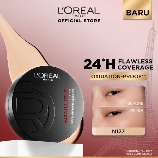 [BARU!] L'Oreal Paris Infaillible Cushion Foundation 24H - flawless coverage,  Cushion dengan hasil yang nyaman tersedia dalam 10 shades cocok untuk kulit indonesia.