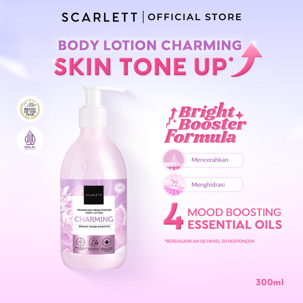 SCARLETT Fragrance Brightening Body Lotion Bright Mood Booster 300ml +4 Essential Oils 3X  Brightening Power | Solusi Untuk Kulit Kering | Menenangkan, Mencerahkan Kulit, Wangi Tahan Seharian