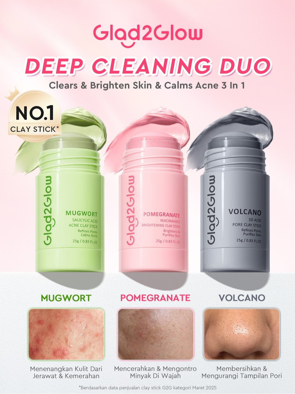 [DISKON 60%]Glad2Glow Clay Stick&Face Mask Complete Series-Pomegranate Brightening/Mugwort Salicylic Acid Acne/ Volcano 3D Acid Pore-masker Packs Masker Wajah Sheet Mask mask sleeping mask mugwort mask acne masker komedo g2glow official store