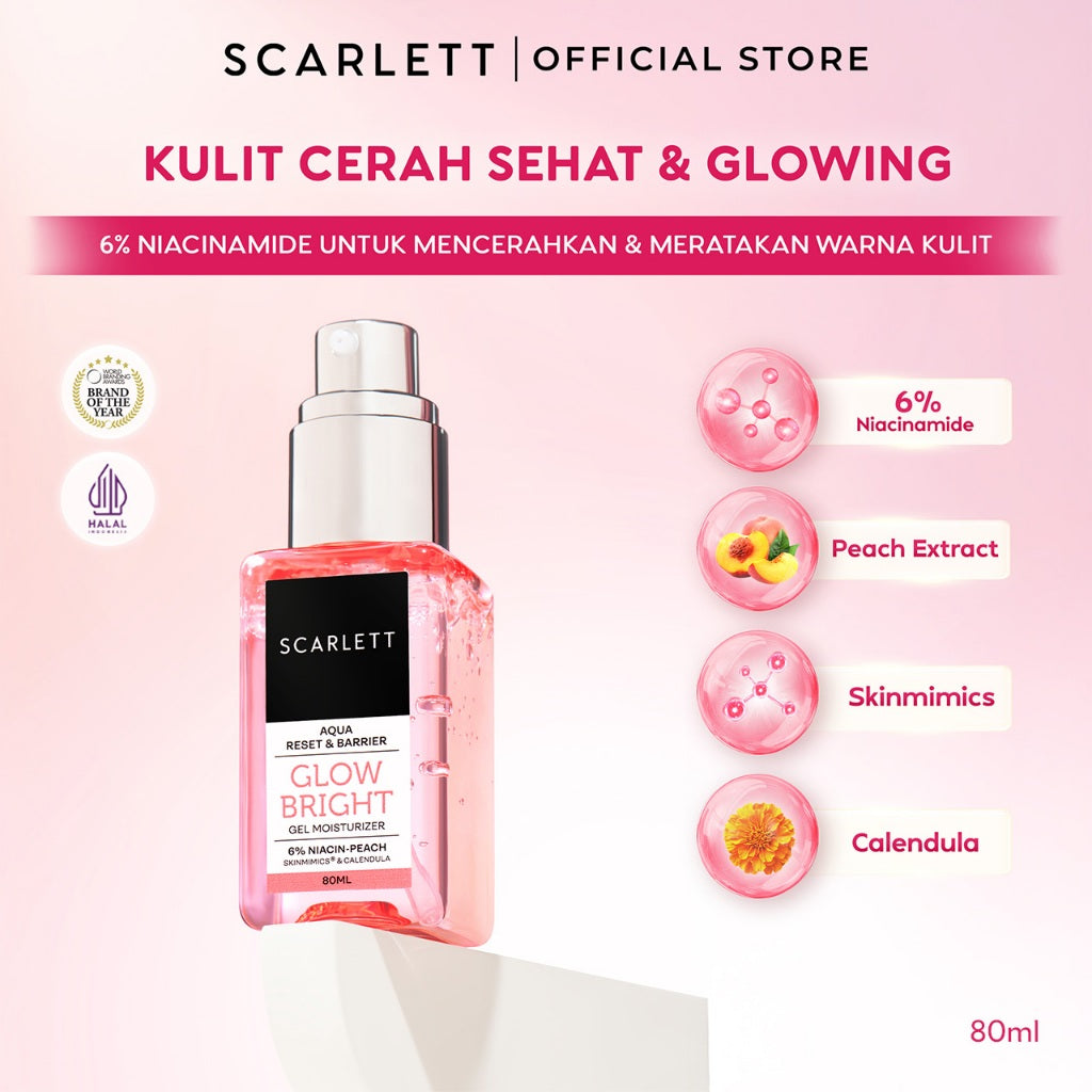 Scarlett Whitening Aqua Reset & Barrier Glow Bright Gel Moisturizer 6% Niacin - pelembab wajah untuk skin barrier muka dan untuk kulit sensitif serta menghidrasi mencerahkan, meratakan, menyamarkan noda hitam with Niacinamide and Peach Extract