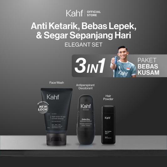 [CREATOR'S PICK - KAHF BUNDLE 3IN1 PAKET BEBAS KUSAM : ANTI KETARIK, BEBAS LEPEK, & SEGAR SEPANJANG HARI] Paket Grooming (Pomade/Hair Powder + Face Wash + Deodorant) - Approved by Barber and Suitable for Daily Use