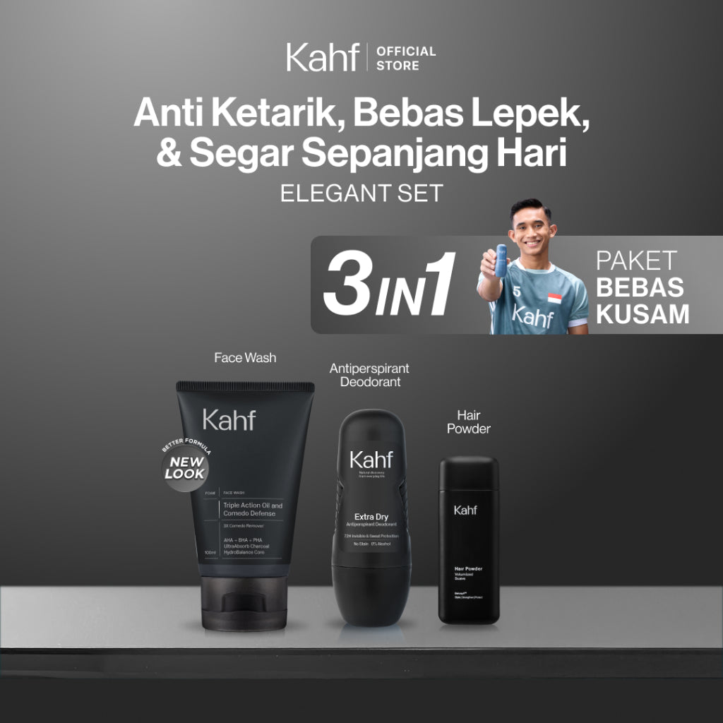 [KAHF BUNDLE 3IN1 PAKET BEBAS KUSAM : ANTI KETARIK, BEBAS LEPEK, & SEGAR SEPANJANG HARI] Paket Grooming (Pomade/Hair Powder + Face Wash + Deodorant) - Approved by Barber and Suitable for Daily Use