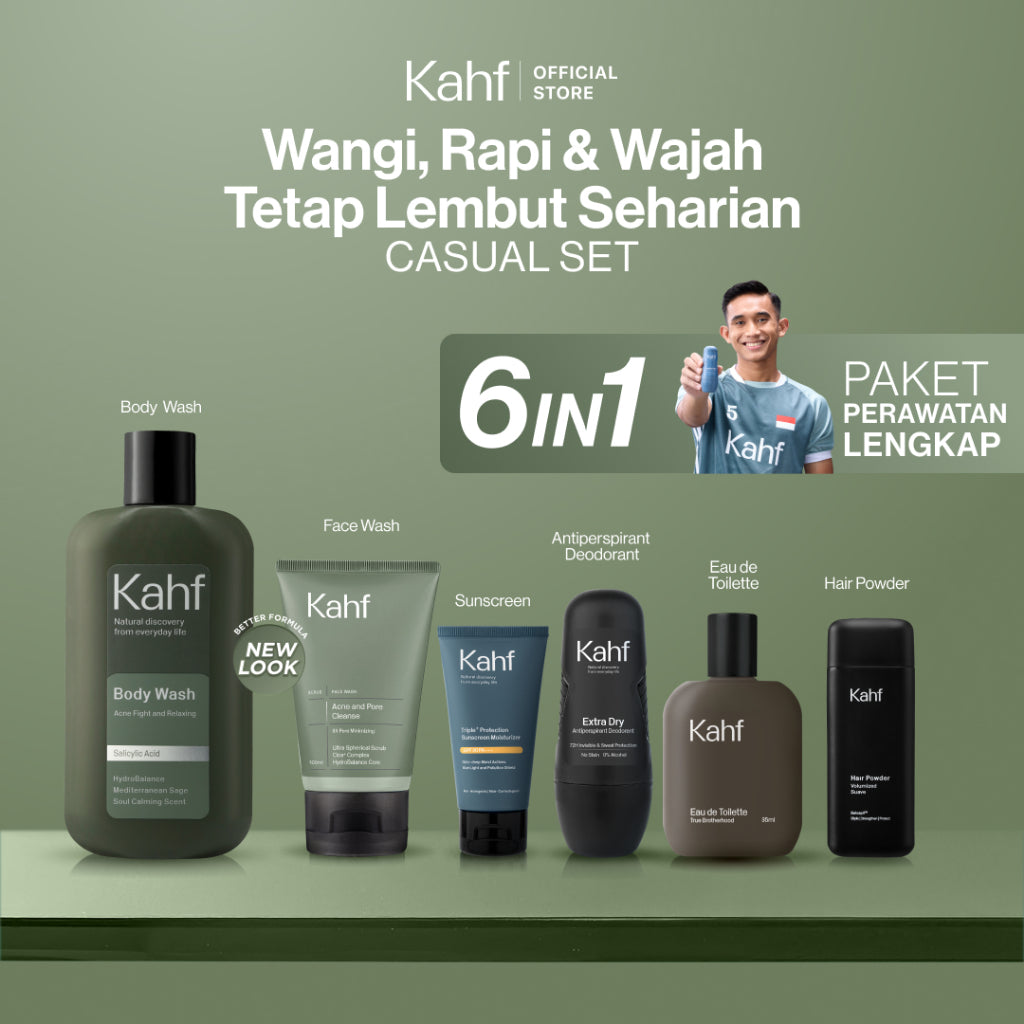 [KAHF BUNDLE 6IN1 PAKET PERAWATAN LENGKAP : WANGI, RAPI, & WAJAH TETAP LEMBUT SEHARIAN] Paket Complete Grooming (Face Wash + Sunscreen Moisturizer + Body Wash + Deodorant + EDT + Pomade/Hair Powder) - Approved by Barber and Suitable for Daily Use