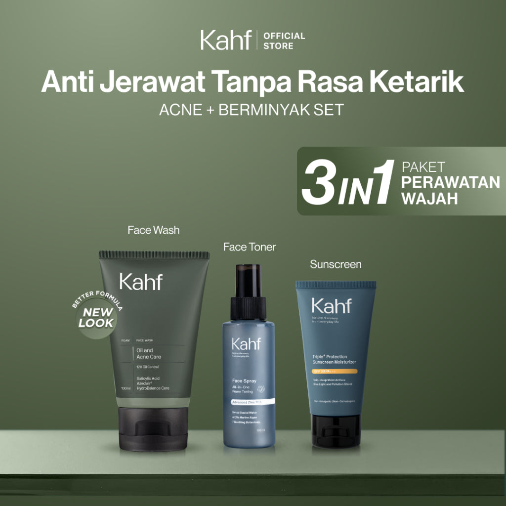 [KAHF BUNDLE 3IN1 PAKET PERAWATAN WAJAH : SKINCARE UNTUK KULIT BERJERAWAT & BERMINYAK] Paket Anti Jerawat Tanpa Rasa Ketarik (Face Wash + Toner + Sunscreen) - Suitable for Daily Use