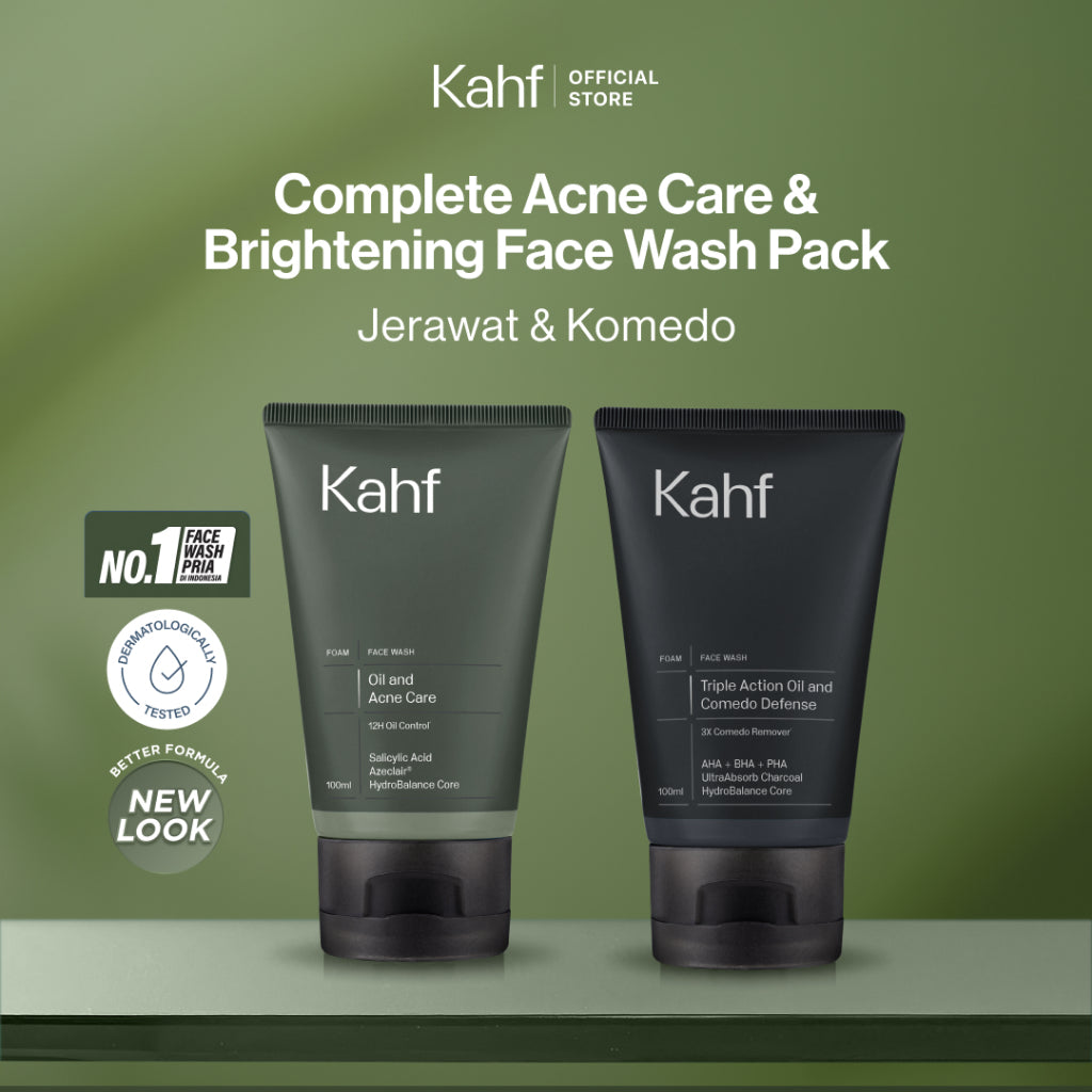 [SPECIAL 11.11 : B2G5 - KAHF BUNDLE 2IN1 PAKET FACIAL WASH] Complete Acne Care & Brightening Face Wash Pack 100 ml isi 2 pcs - Wajah Glowing, Cerah, Anti Ketarik, & Bebas Kusam - Bundle Perawatan Wajah Pria - Kombinasi Sabun Cuci Muka Sesuai Kondisi Kulit