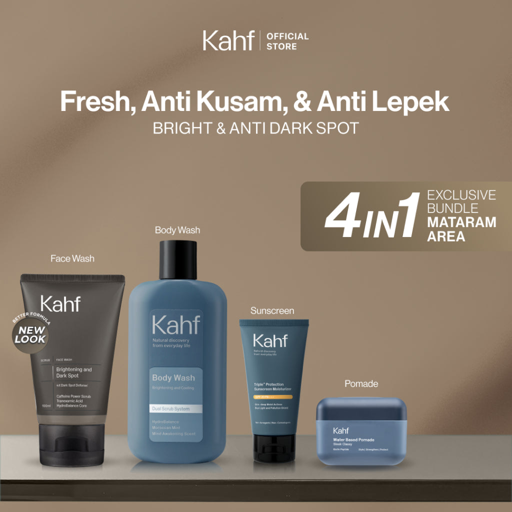 [EXCLUSIVE BUNDLE FOR MATARAM AREA] Kahf 4in1 Paket Paket Fresh, Anti Kusam, & Anti Lepek (Face Wash + Sunscreen + Pomade + Body Wash) - Approved by Barber & Suitable for Daily Use