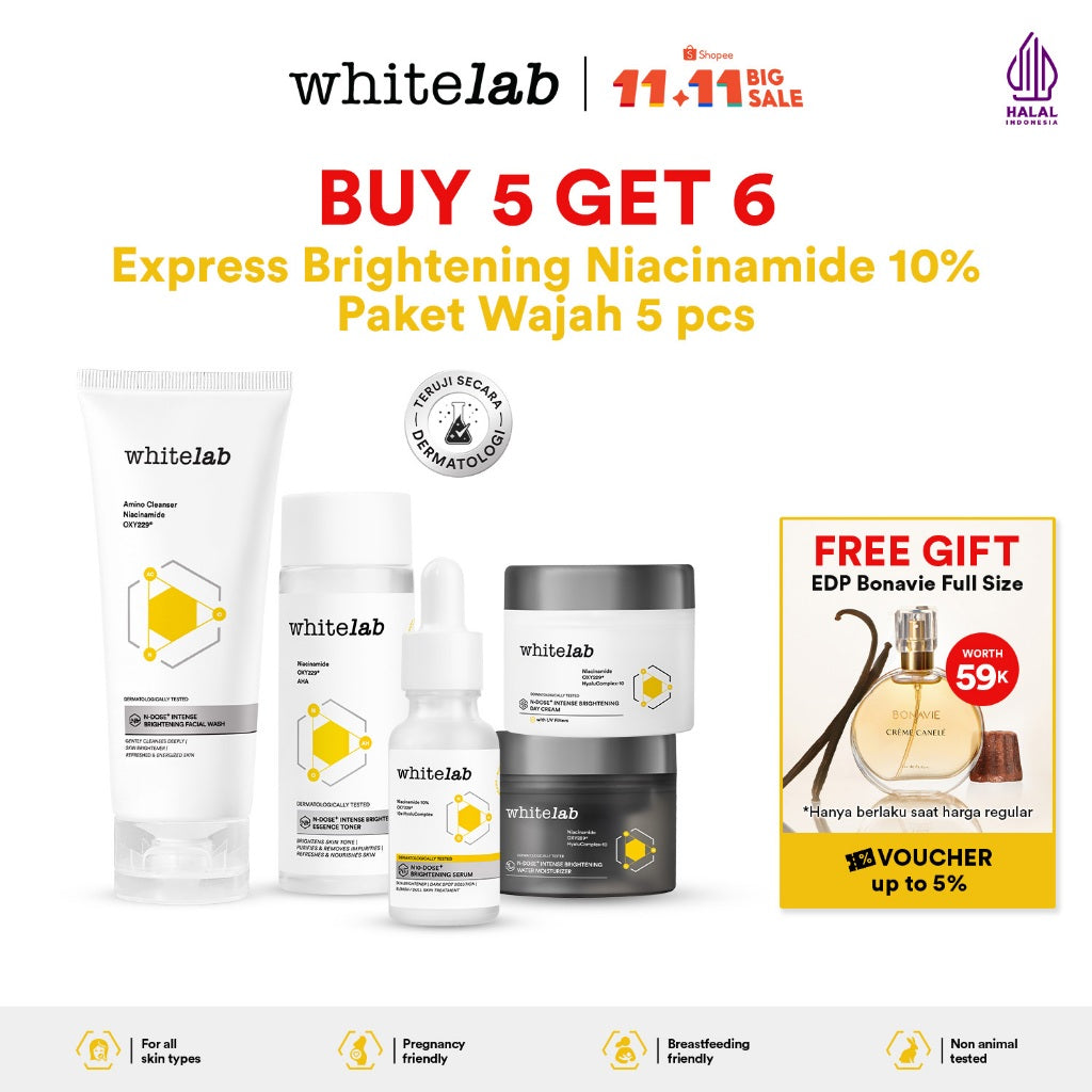 Whitelab Paket Wajah Brightening Niacinamide Facial Wash, Toner, Serum, Day & Night Moisturizer - 5 pcs N-Dose+ 2.0 Skincare