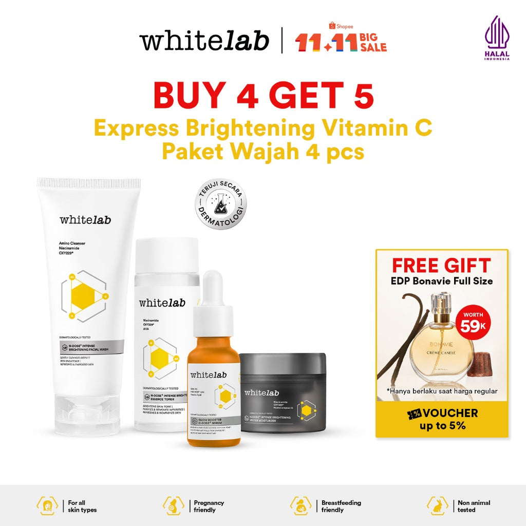 Whitelab Paket Wajah Brightening Niacinamide Facial Wash, Toner, Serum, Night Moisturizer - 4 pcs N-Dose+ 2.0 Skincare