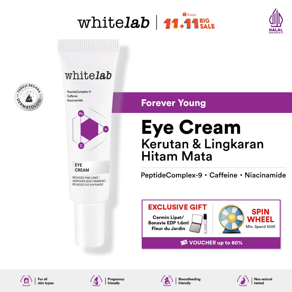 Whitelab Eye Cream - Krim Mata Atasi Kerutan, Garis Halus, Kantung Mata, dan Mata Panda dengan Peptide, Caffeine & Niacinamide [BPOM]