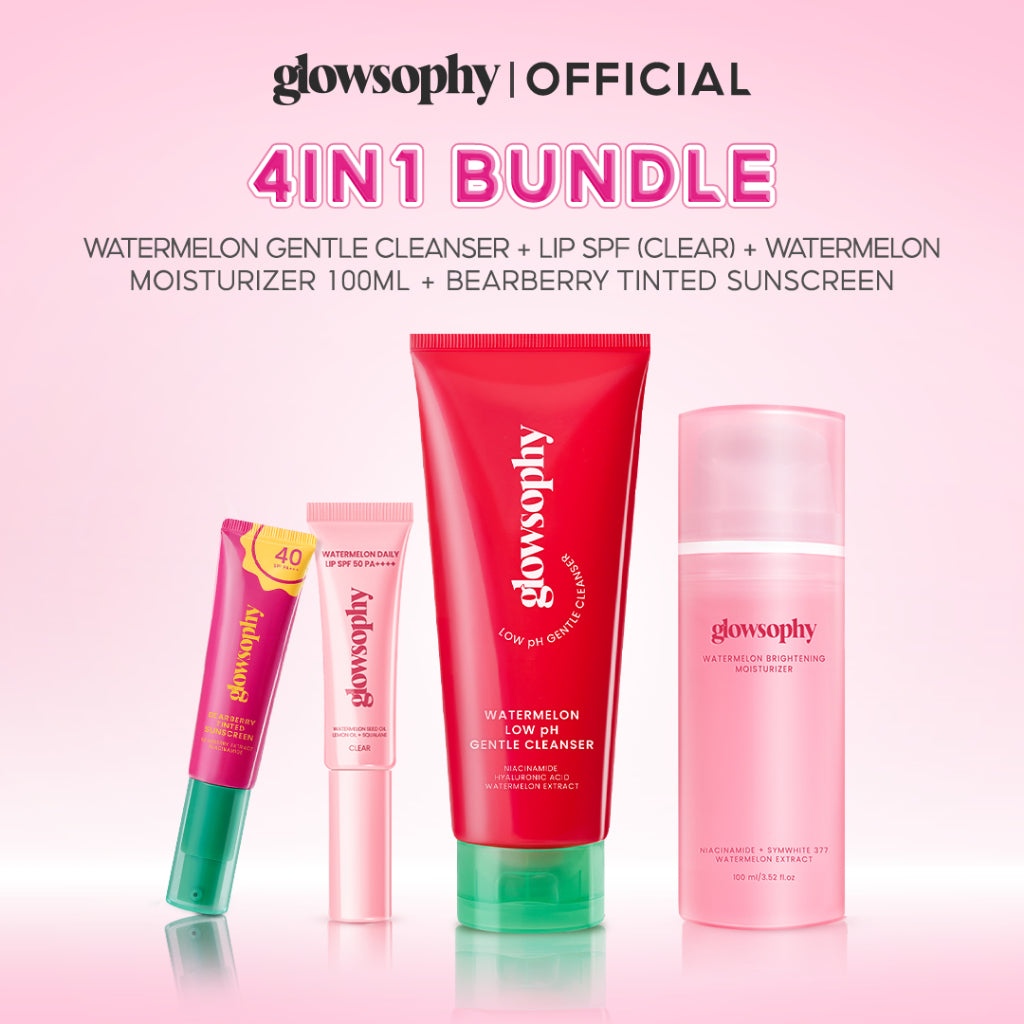 Glowsophy Bundle 4in1 Radiant Refresh Set Watermelon Low ph Cleanser +Watermelon Moist 100ml + Lip SPF + Bearberry Tinted Sunscreen - Melindungi dari sinar UVB dan UVA, Moisturizer, Pelembab Wajah Ringan Mencerahkan Kulit dan Meratakan Wa