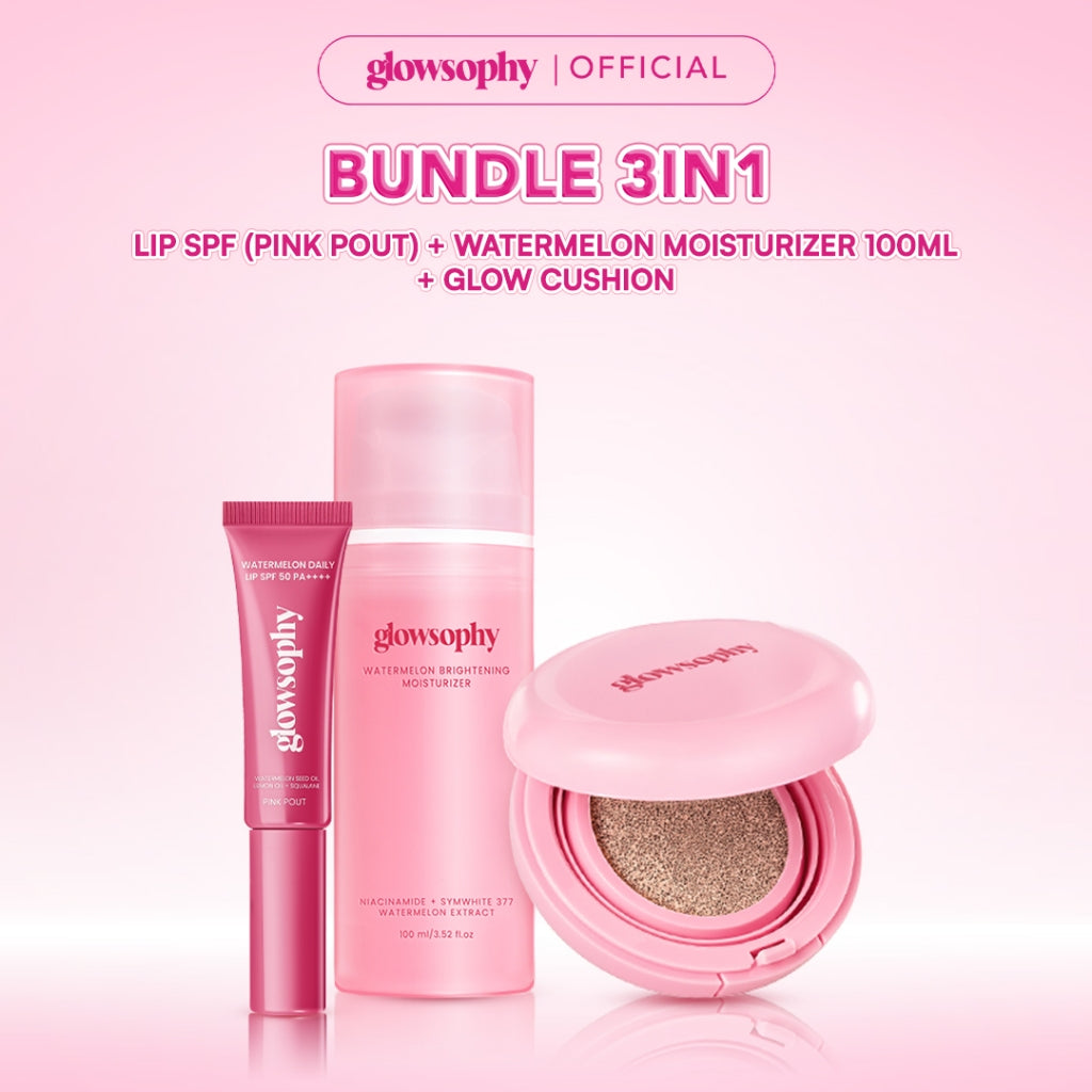 Glowsophy Bundle 3in1 Glow Ready Kit - Lip SPF + Watermelon 100ml + Glow Cushion - mencerahkan bibir yang kusam, Mencerahkan kulit, Meratakan warna kulit, melembabkan