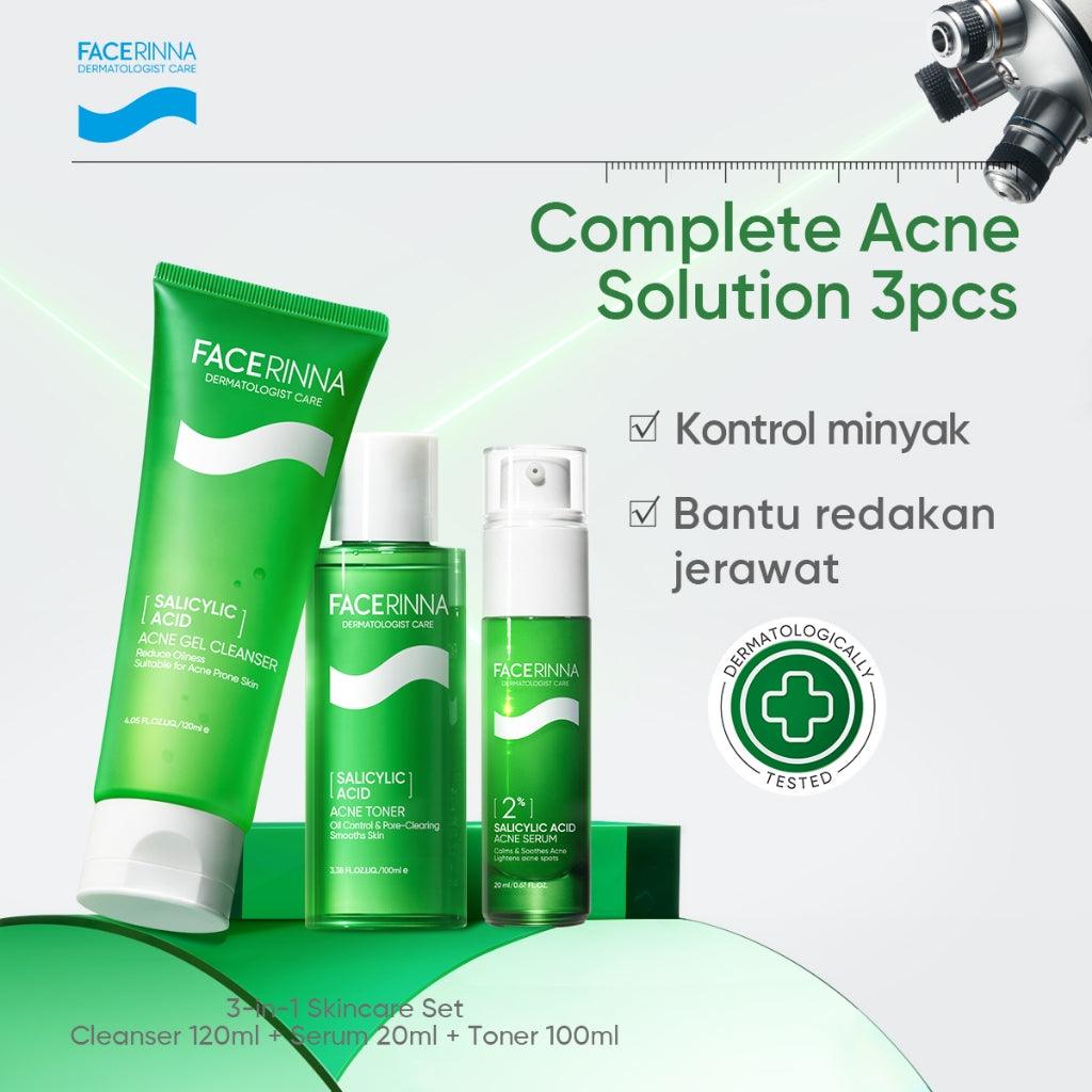 FACERINNA Complete Acne Solution 3pcs / 4pcs Skincare Set | Moisturizer + Serum + Toner + Cleanser | Anti Jerawat Acne Treatment Menghilangkan Bekas Jerawat Kulit Beruntusan Mencegah Jerawat Datang Lagi Calms Acnes & Prevents Breakout With Salicylic Acid